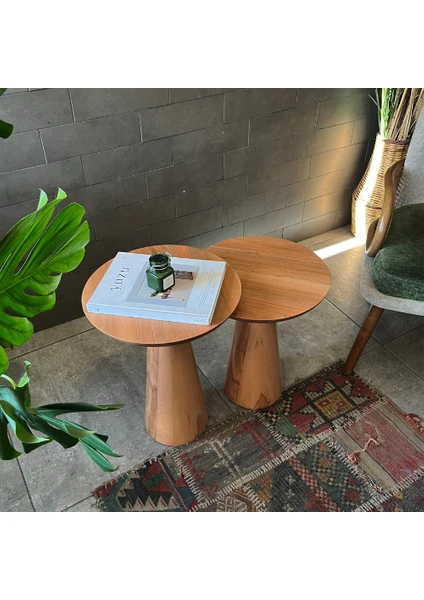 2'li Zigon Mantar Sehpa Mushroom | Masif Ahşap Modern Yan Sehpa Takımı